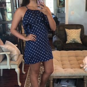 Blue polka dot mini halter dress